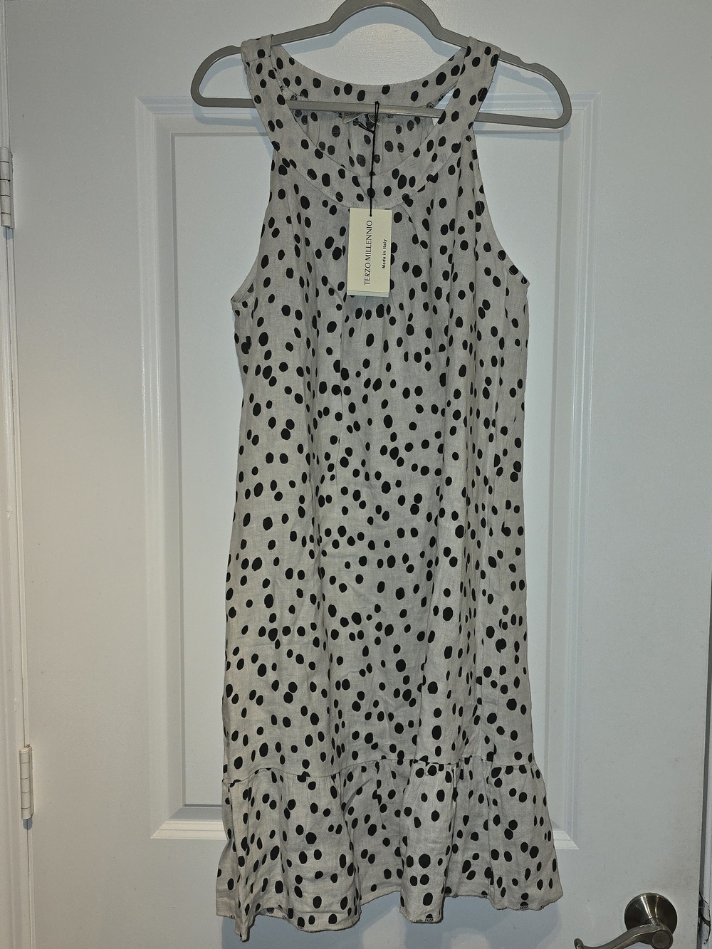 Black Dot-Print Cream Sleeveless Dress 100% Linen Made In ITALY
